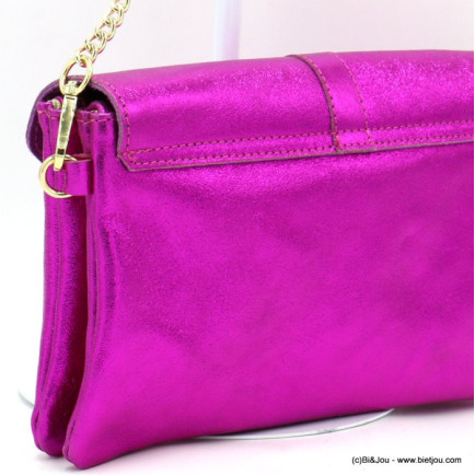 pochette CUIR VERITABLE irisé double-compartiments rabat fermoir tourniquet femme 0922072 magenta