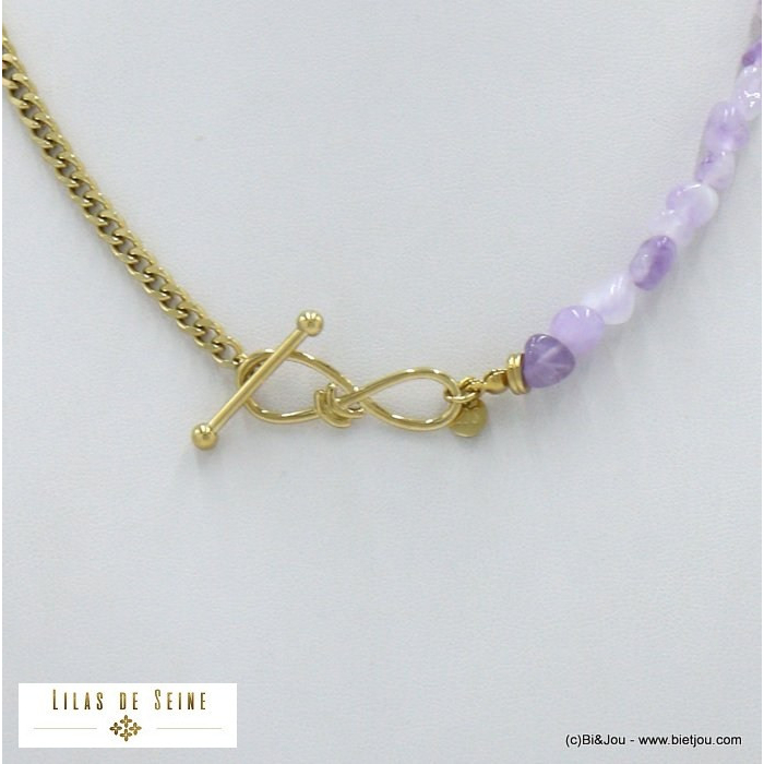 collier acier inoxydable infini pierre naturelle fermoir T toogle femme 0122026 violet