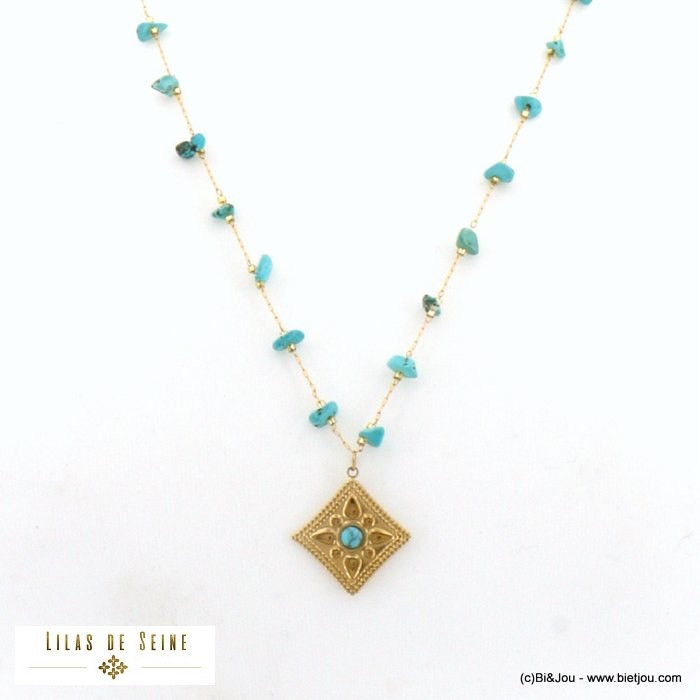 sautoir pendentif rococco chips pierre acier inoxydable femme 0122140 bleu turquoise