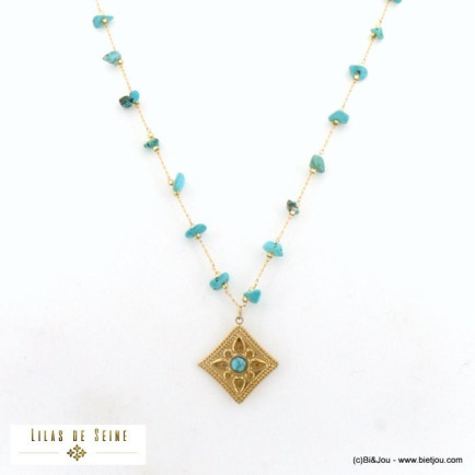 sautoir pendentif rococco chips pierre acier inoxydable femme 0122140 bleu turquoise