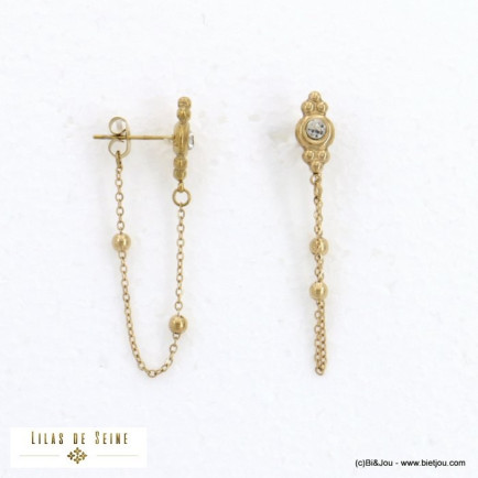 boucles d'oreilles double-face rococo acier inoxydable chaînette strass femme 0322076