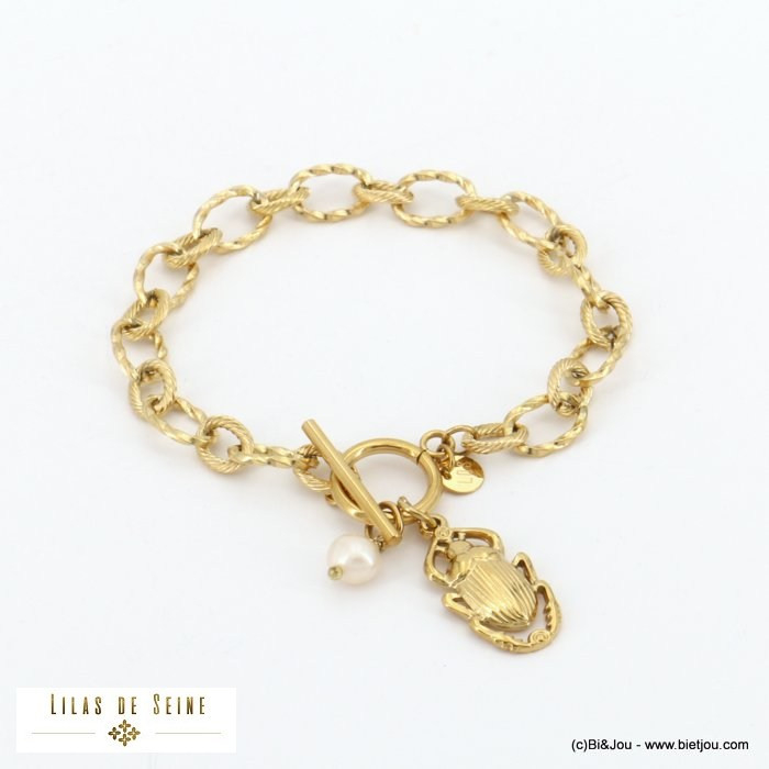 bracelet acier inoxydable scarabée perle eau douce chaîne grosse maille fermoir T batonnet femme 0222159