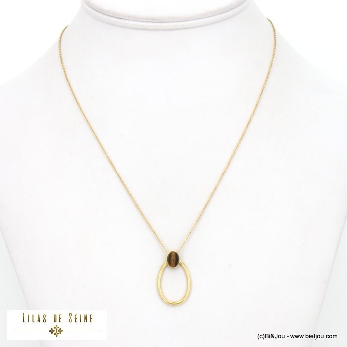 collier acier inoxydable minimaliste anneau ovale cabochon pierre naturelle femme 0122518