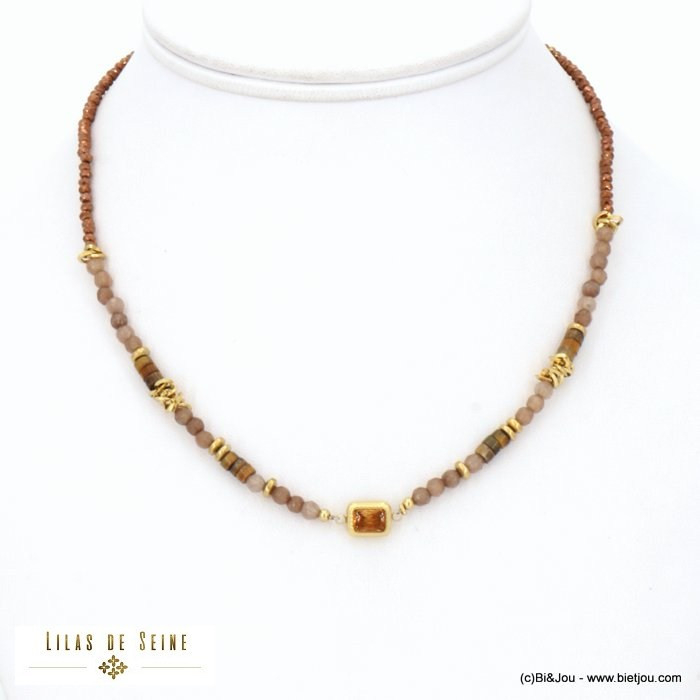 collier acier inoxydable billes facettées pierre naturelle pendentif strass chaîne cristal femme 0122524