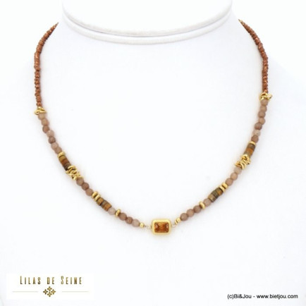 collier acier inoxydable billes facettées pierre naturelle pendentif strass chaîne cristal femme 0122524
