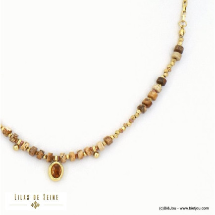 collier acier inoxydable rondelles pierre naturelle pendentif strass chaîne maille vénitienne femme 0122523 naturel/beige