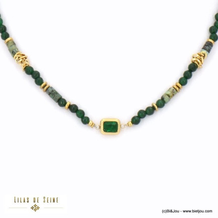 collier acier inoxydable billes facettées pierre naturelle pendentif strass chaîne cristal femme 0122524 vert foncé