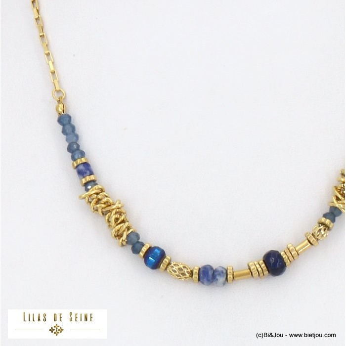collier acier inoxydable billes facettées pierre véritable cristal chaîne maille vénitienne femme 0122525 bleu foncé