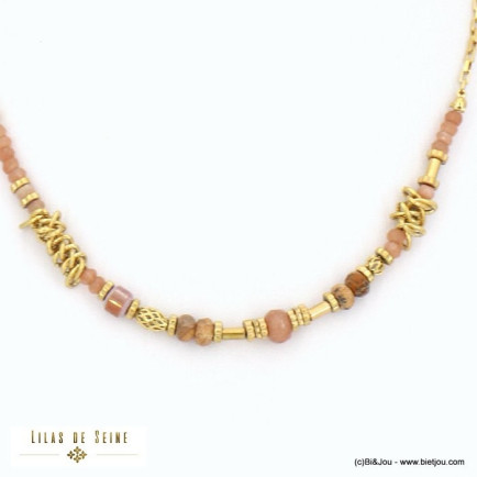 collier acier inoxydable billes facettées pierre véritable cristal chaîne maille vénitienne femme 0122525 taupe
