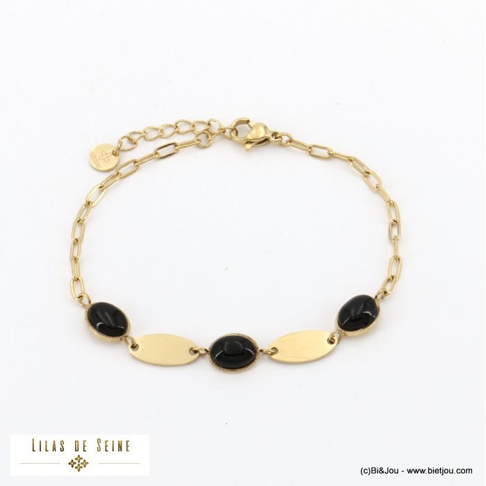 bracelet acier inoxydable intercalaires ovales cabochon pierre naturelle chaîne maille rectangle femme 0222505