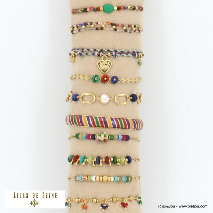 ensemble de 10 bracelets acier inoxydable coeur oeil pierre cristal perle résine epoxy femme 0222511 multi
