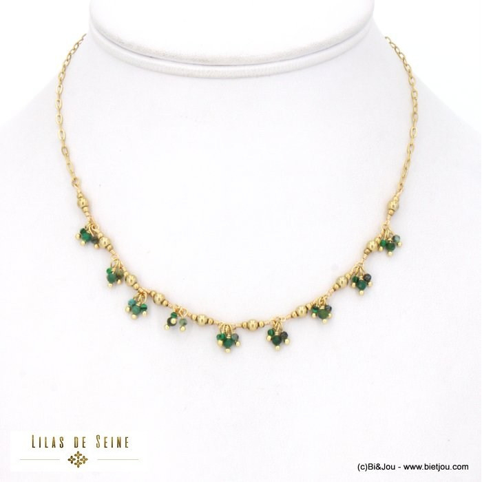 Collier acier inoxydable grappes billes facettées pierre véritable femme 0122529 vert foncé