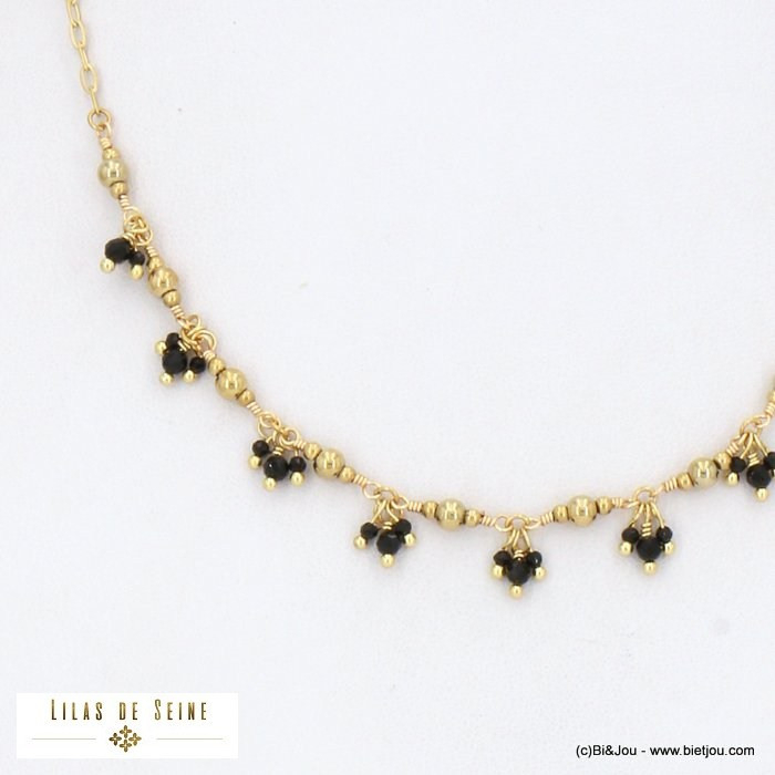collier acier inoxydable grappes billes facettées pierre véritable femme 0122529 noir