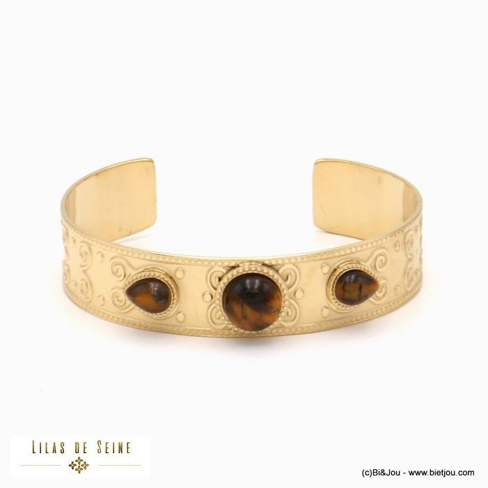 bracelet jonc acier inoxydable arabesque cabochons goutte pierre véritable femme 0222506