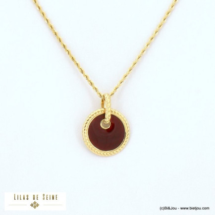 collier acier inoxydable vintage pendentif rond résine époxy chaîne maille corde femme 0122531 marron