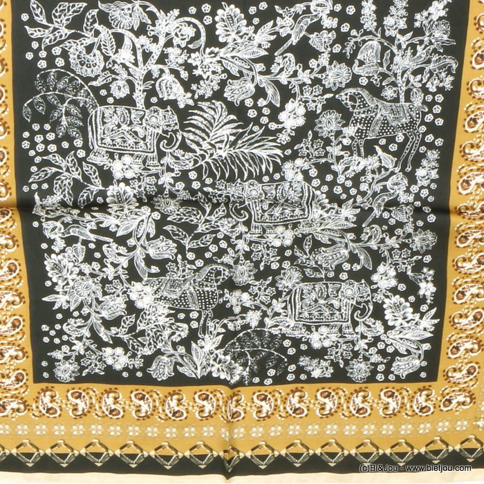 carré satin motif cheval éléphant oiseau feuille fleur touché soie polyester femme 0722510 noir