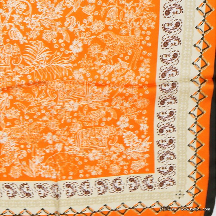 carré satin motif cheval éléphant oiseau feuille fleur touché soie polyester femme 0722510 orange