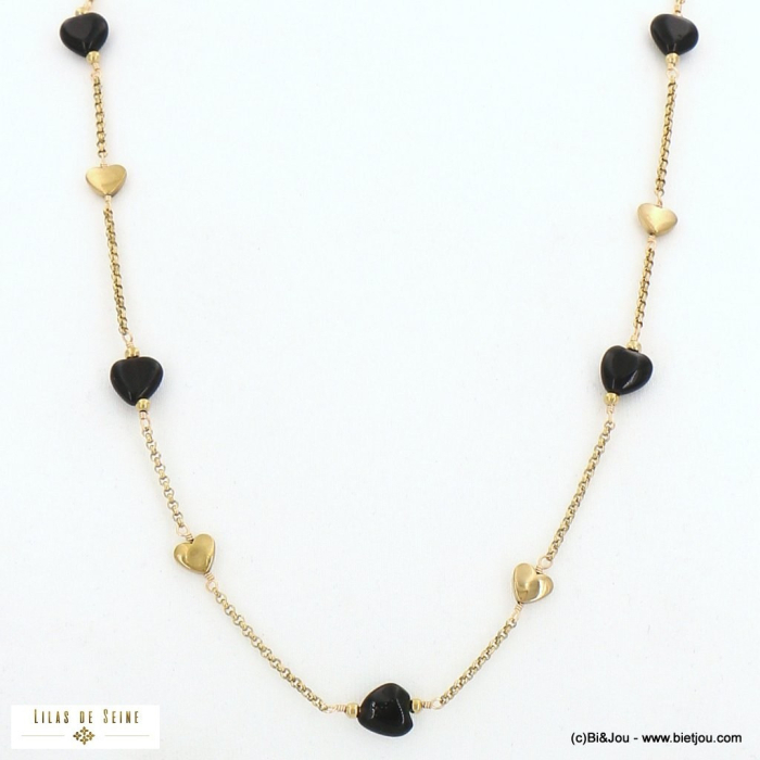 Collier long sautoir acier inoxydable perles forme coeur pierre véritable chaîne maille gourmette 0122502 noir