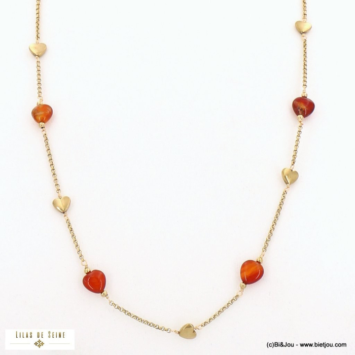 Collier long sautoir acier inoxydable perles forme coeur pierre véritable chaîne maille gourmette 0122502 marron