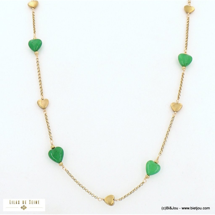 Collier long sautoir acier inoxydable perles forme coeur pierre véritable chaîne maille gourmette 0122502 vert foncé