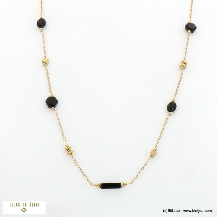Sautoir femme acier inoxydable perles géométrique pierre véritable chaîne maille forçat 0122503 noir