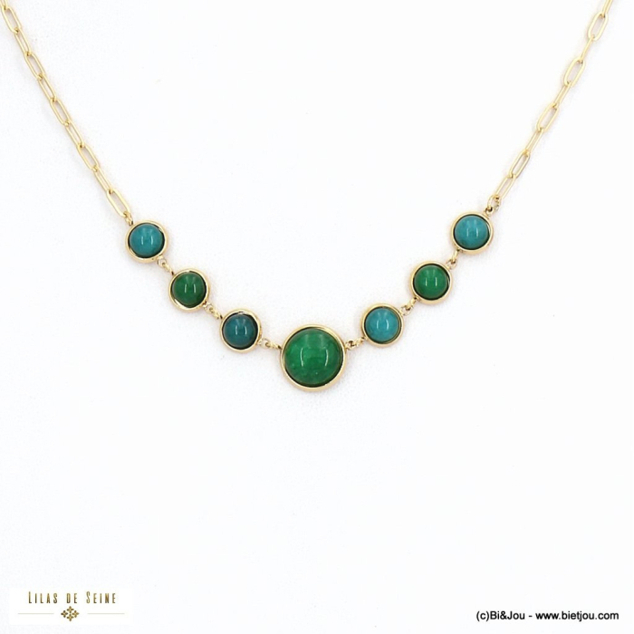 Collier perles pierres naturelles et acier inoxydable à chaîne maille rectangle 0122543 vert