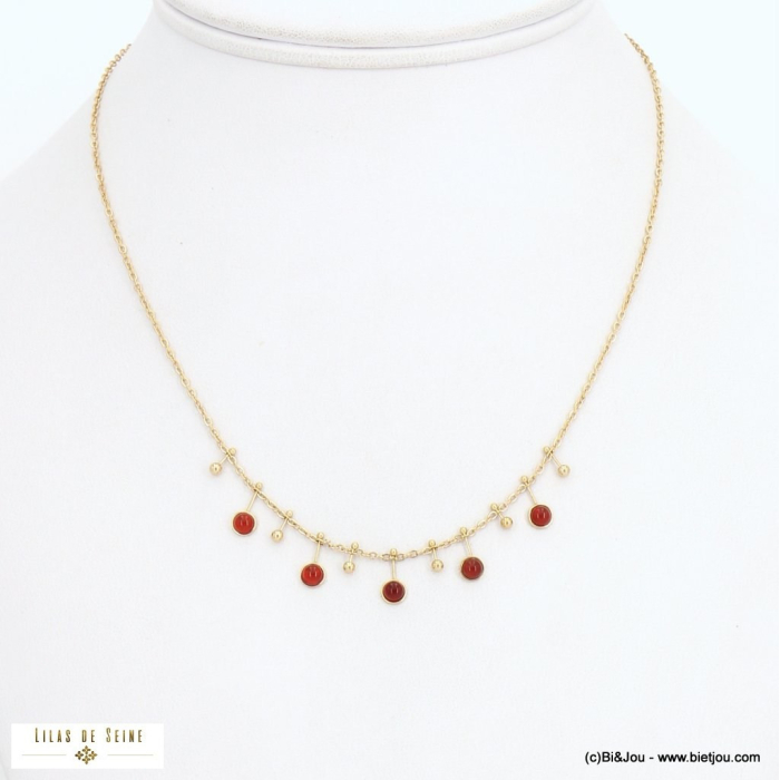 Collier avec breloques effet pique en pierres naturelles et acier inoxydable 0122536 rouge bordeaux