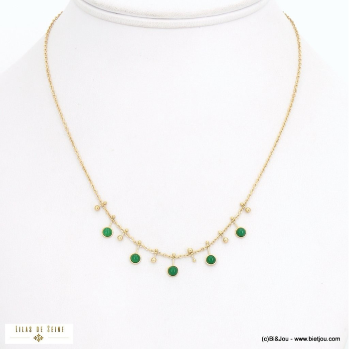 Collier avec breloques effet pique en pierres naturelles et acier inoxydable 0122536 vert foncé