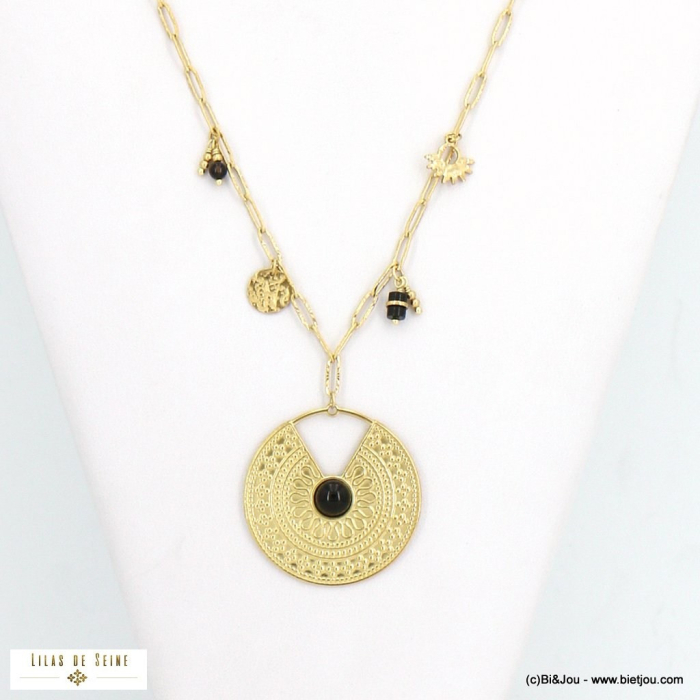 Collier long gros médaillon aztéque gravé en acier et perles en pierres véritables 0122506 noir