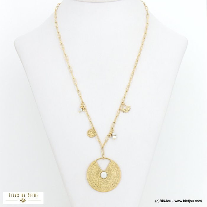 Collier long gros médaillon aztéque gravé en acier et perles en pierres véritables 0122506 blanc