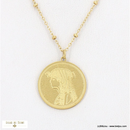 Collier pièce de monnaie Cléopâtre acier et chaînes à billes 0122563 doré