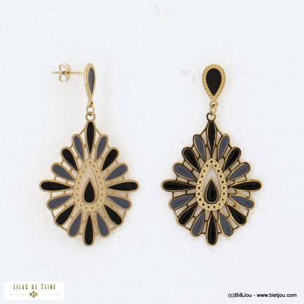 Boucles d'oreilles pendantes arabesques en acier et émail 0322540 noir