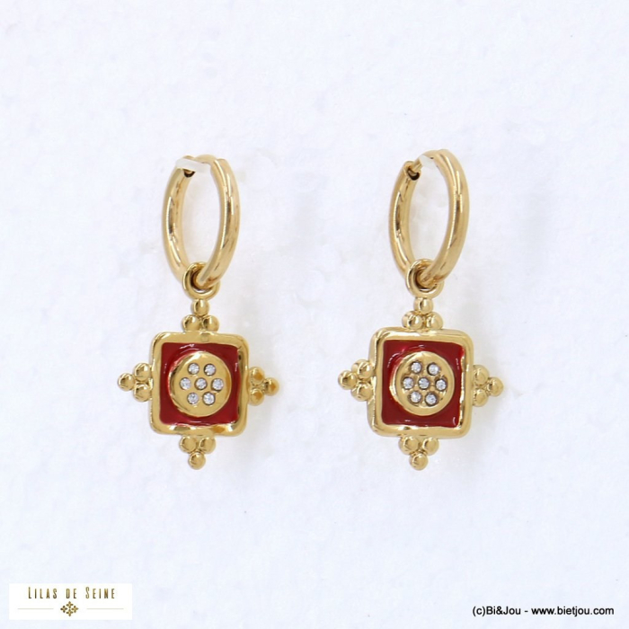 Boucles d'oreilles mini-créoles pendentif talisman, strass et émail 0322545 rouge bordeaux
