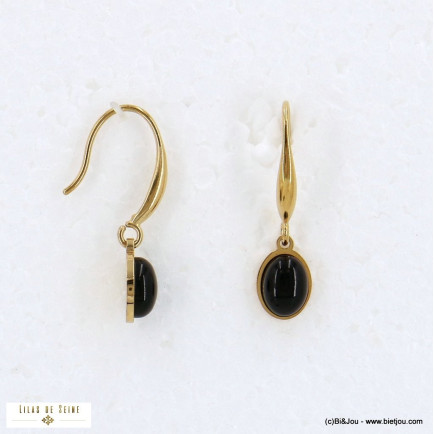 Boucles d'oreilles pendantes cabochon pierre véritable et acier inoxydable 0322548 noir