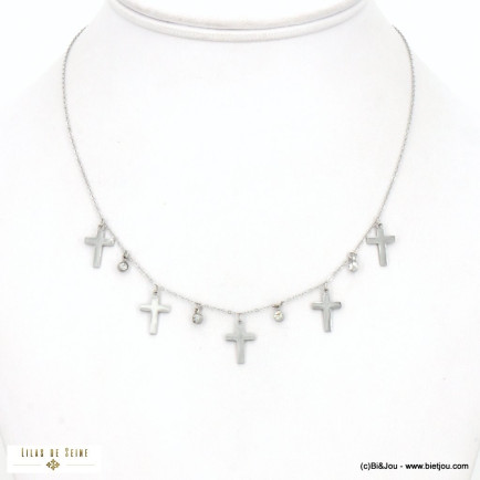 Collier en acier inoxydable à chaîne fine, charms croix et strass blanc 0122517 argenté