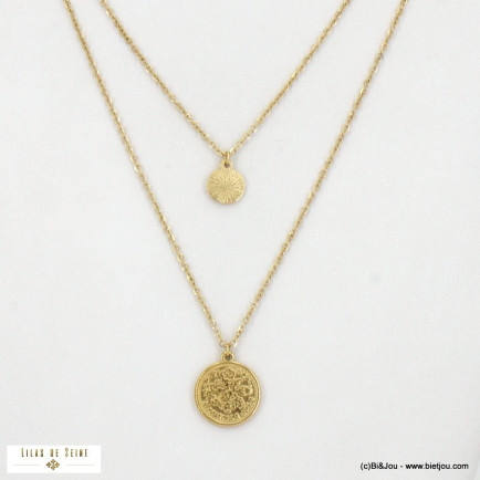 Collier doubles rangs à pendentifs pièces de monnaie dorées en acier inoxydable 0122520 doré
