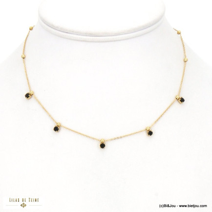 Collier court perles en acier inoxydable et strass sertis pour femme 0122515 noir