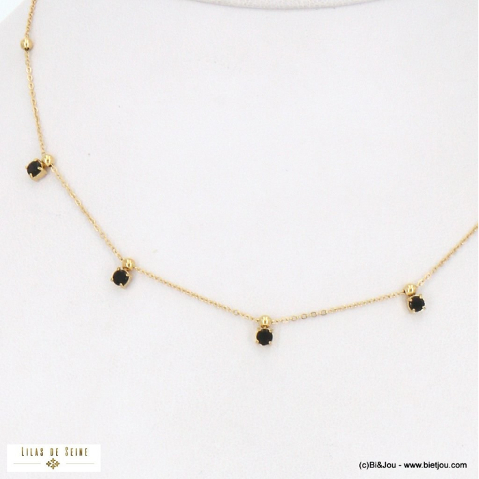 Collier court perles en acier inoxydable et strass sertis pour femme 0122515 noir