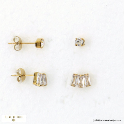 Puces d'oreilles en cristaux et acier inoxydable doré pour femme 0322517 blanc