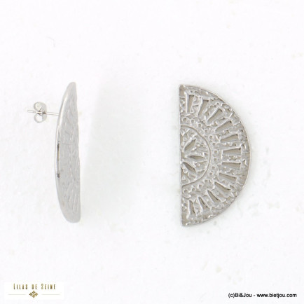 Boucles d'oreilles aztèques bouclier gravé en acier inoxydable 0322504 argenté