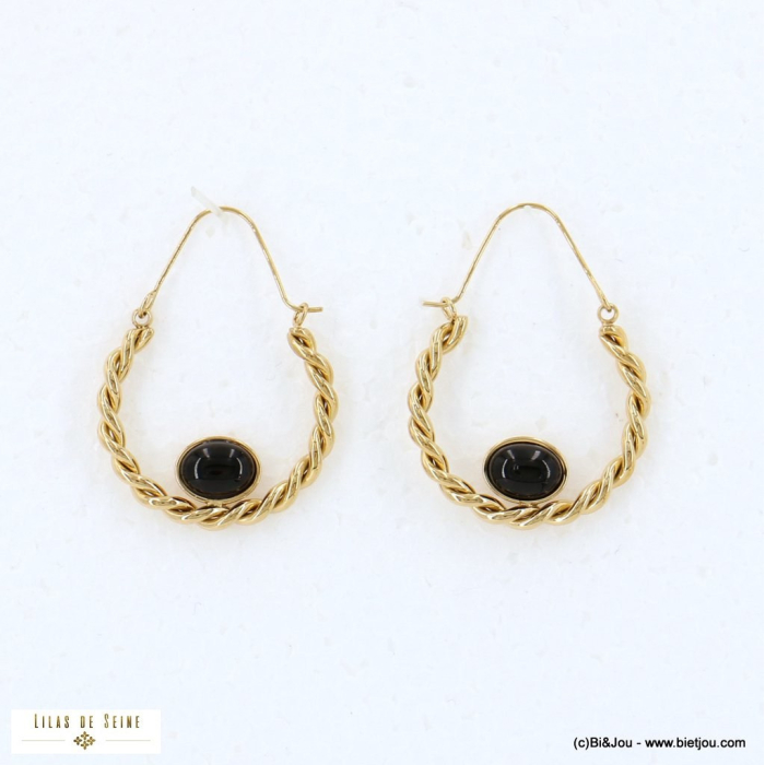 Boucles d'oreilles pendantes en acier doré torsades et pierre naturelle 0322543 noir