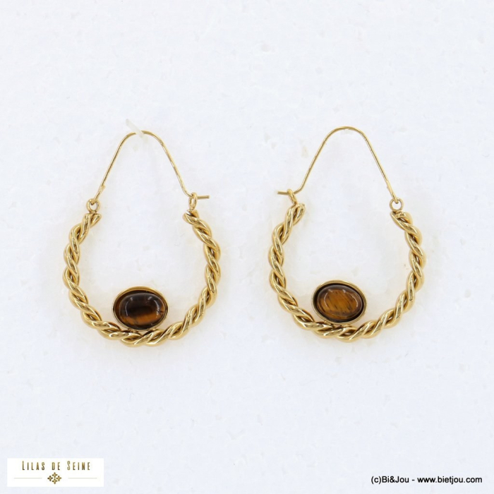 Boucles d'oreilles pendantes en acier doré torsades et pierre naturelle 0322543 marron