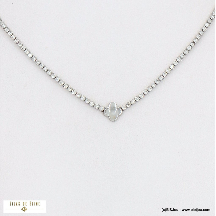 Collier court pendentif trèfle acier et chaîne strass 0122548 argenté