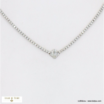 Collier court pendentif trèfle acier et chaîne strass 0122548 argenté