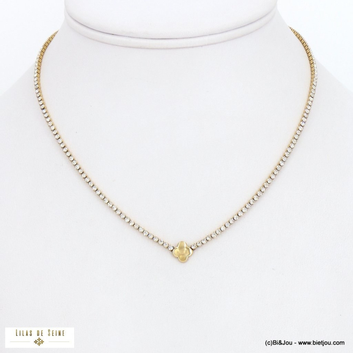 Collier court pendentif trèfle acier et chaîne strass 0122548 doré