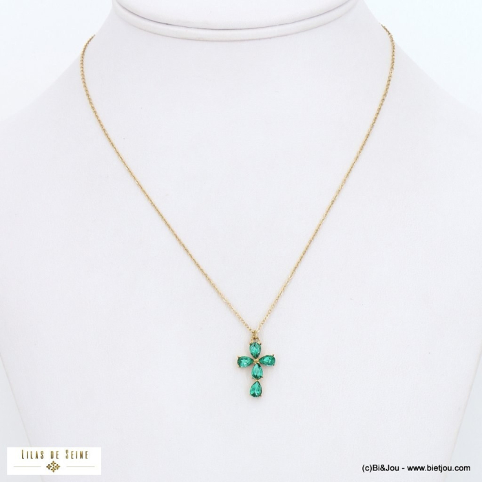 Collier chaîne acier inoxydable et talisman croix cristaux 0122545 vert