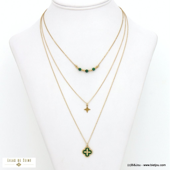 Collier multirangs perles pierres, étoile et talisman émail 0122546 vert foncé