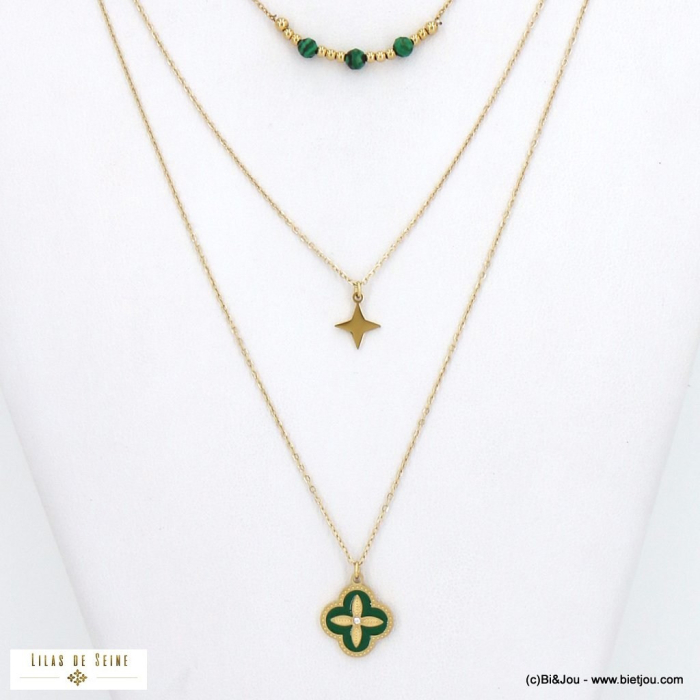 Collier multirangs perles pierres, étoile et talisman émail 0122546 vert foncé