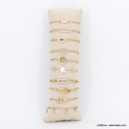 Ensemble 10 bracelets acier inoxydable trombonne arbre de vie menotte trèfle oeil étoile femme 0222539 doré