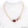 Collier acier inoxydable chaîne rectangle pierre naturelle perle eau douce fermoir T bâtonnet femme 0122591 rouge bordeaux